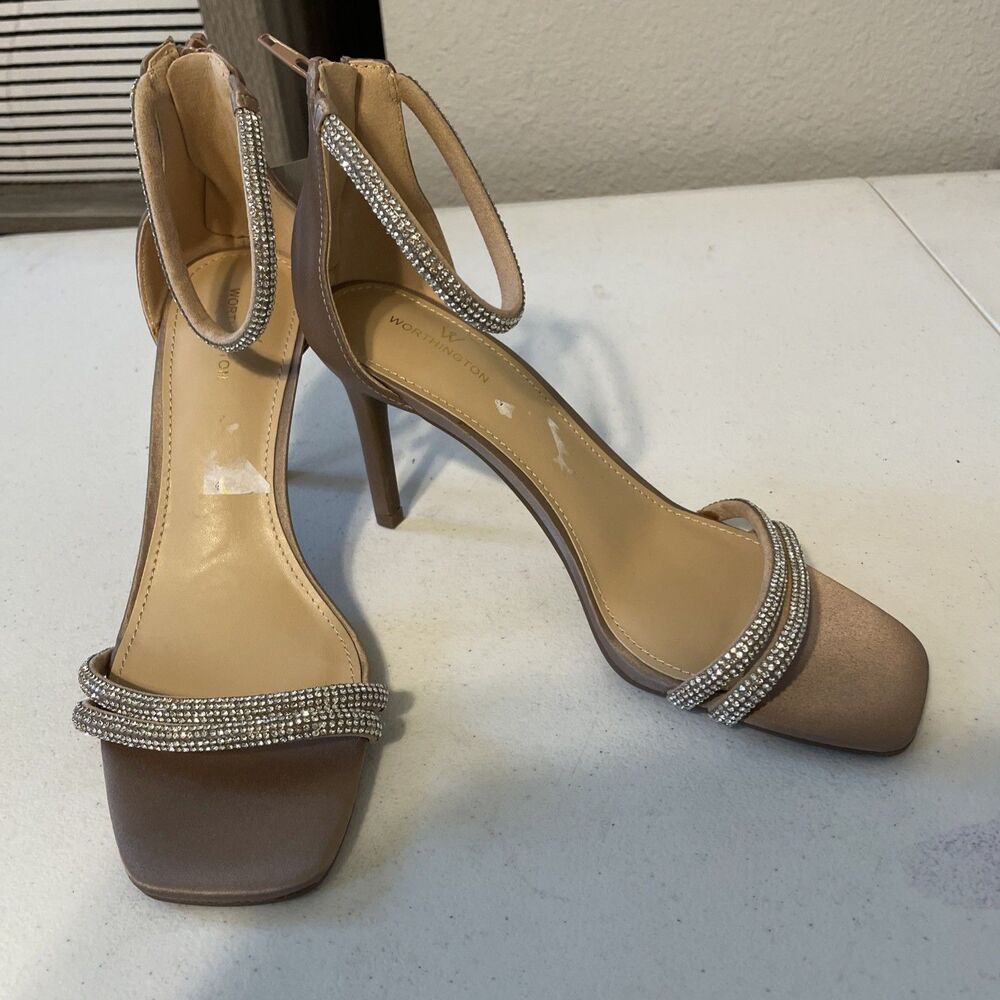Worthington "Fiesty" Natural Rhinestone Strappy Heels Dressy Formal Party 7.5